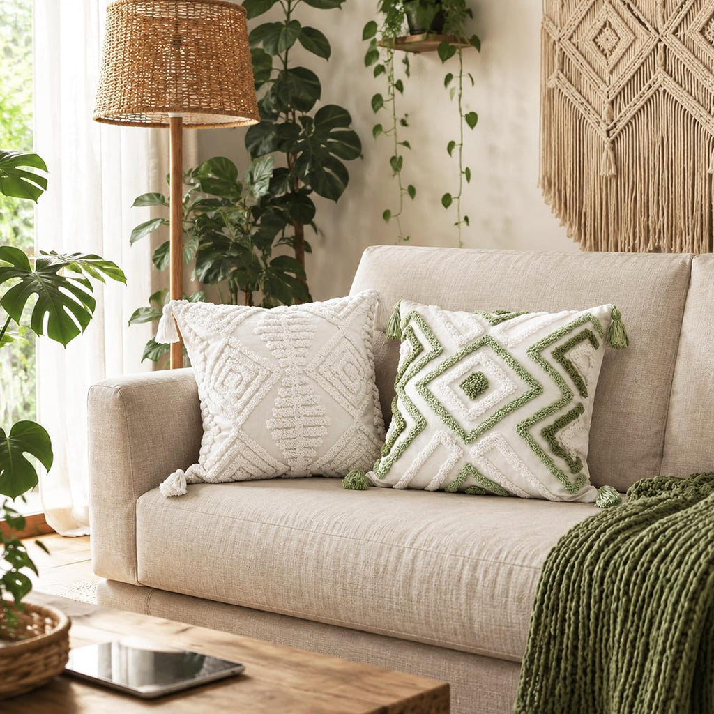 Boho Pillow Covers 18X18 Inch Boho Tufted Throw Pillow Covers Decorative Tassels Cushion Cover Farmhouse Pillow Case for Couch Sofa Bed Living Room Bedroom, Green