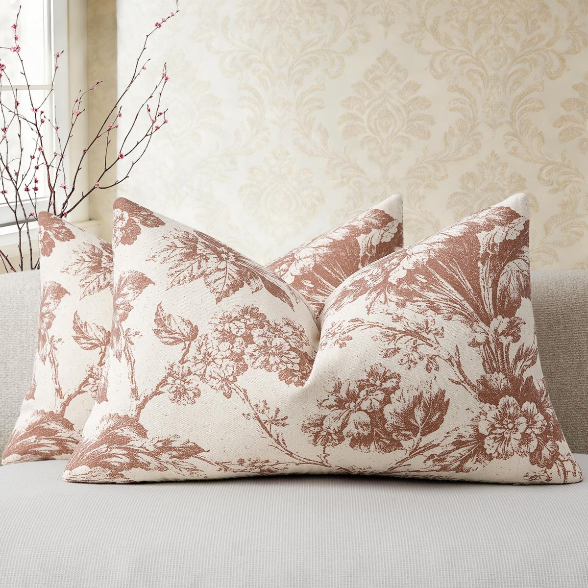 Buenohuas Farmhouse Decorative Pillow Covers 18x18 Set of 2, Vintage Botanical Floral Patterned Cushion Covers for Sofa Couch Chair Bed Living Room Home Decor Accents, Olive Green