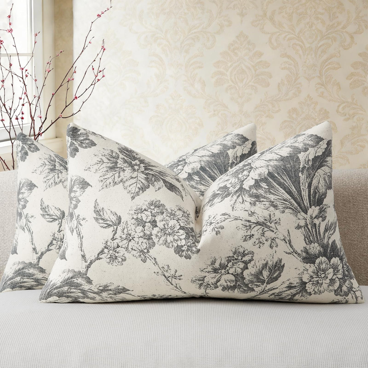 Buenohuas Farmhouse Decorative Pillow Covers 18x18 Set of 2, Vintage Botanical Floral Patterned Cushion Covers for Sofa Couch Chair Bed Living Room Home Decor Accents, Olive Green