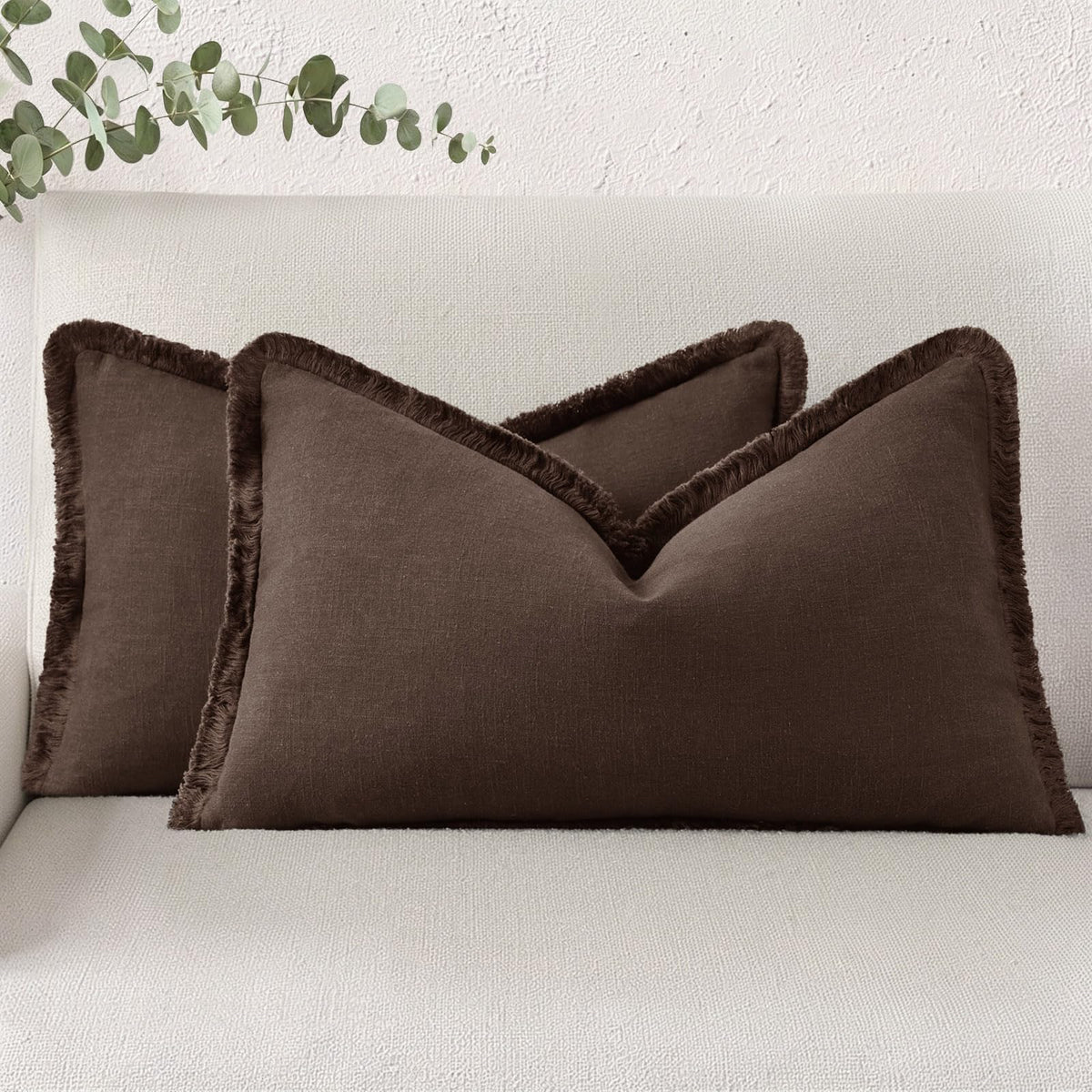 decorUhome Linen Fringe Natural Beige Throw Pillow Covers 18x18 Set of 2