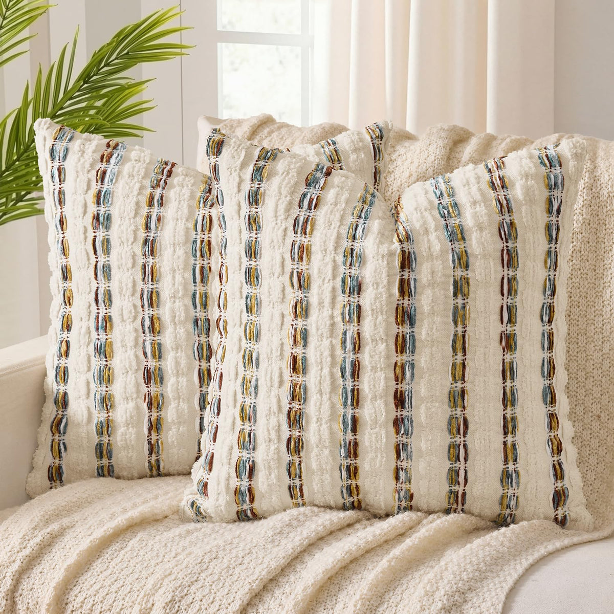 ANRODUO Boho Decorative Pillow Covers Olive Green Stripe 18x18 Pack of 2