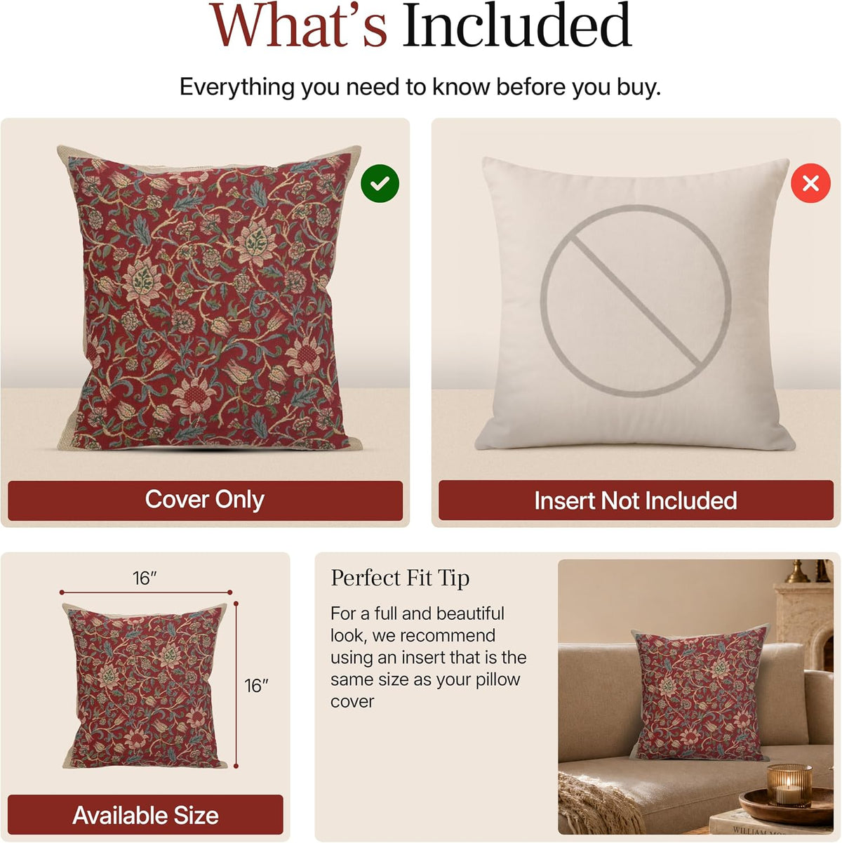 William Morris Fleurs de Morris Red Tapestry Throw Pillow Cover 16 x 16 in