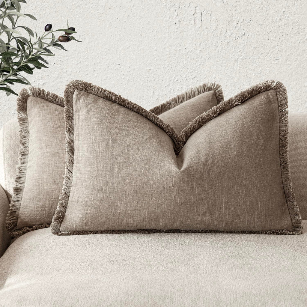 Foindtower Decorative Linen Fringe Throw Pillow Covers 18×18 Olive Green