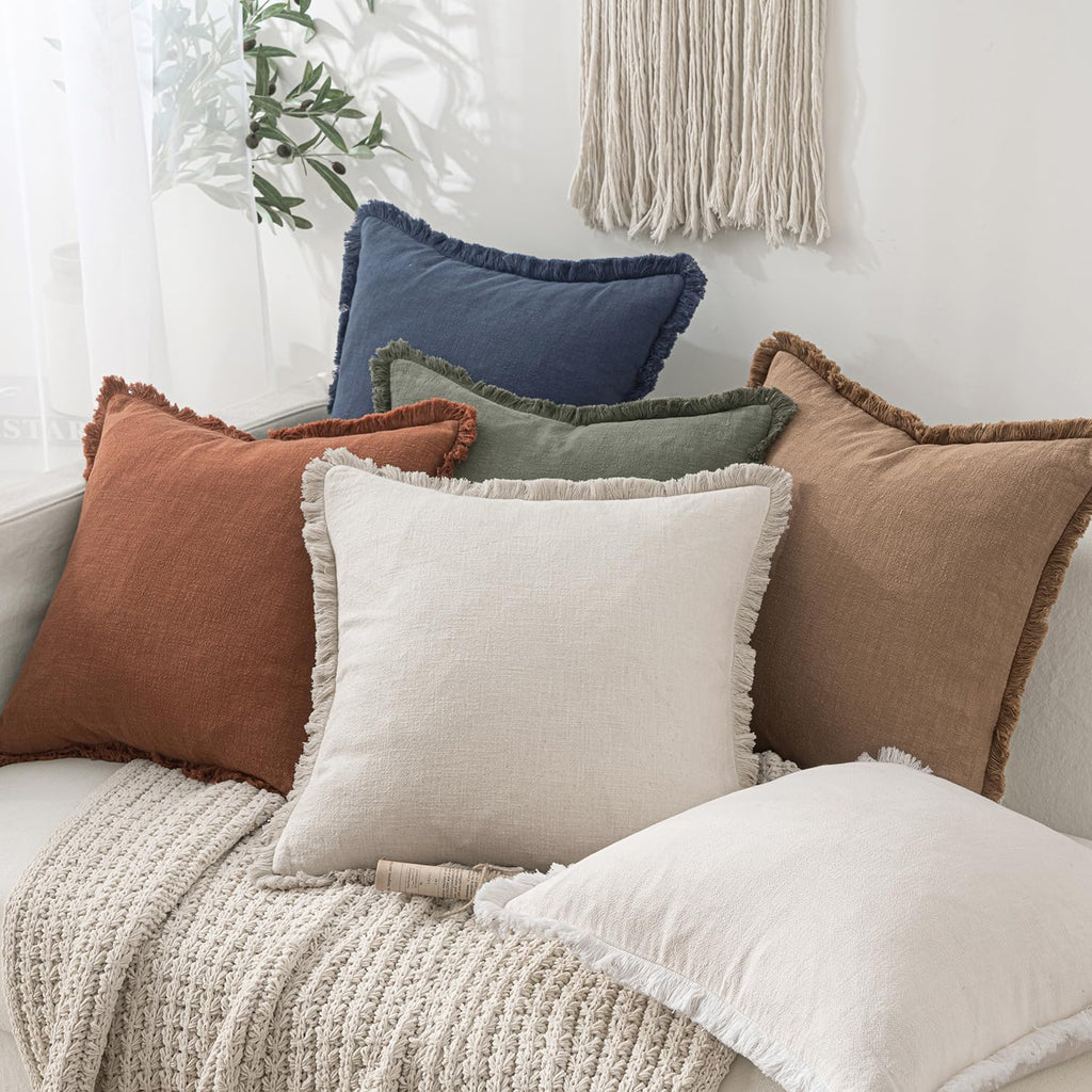 MIULEE Linen Fringe Decorative Throw Pillow Covers Natural Beige 20x20