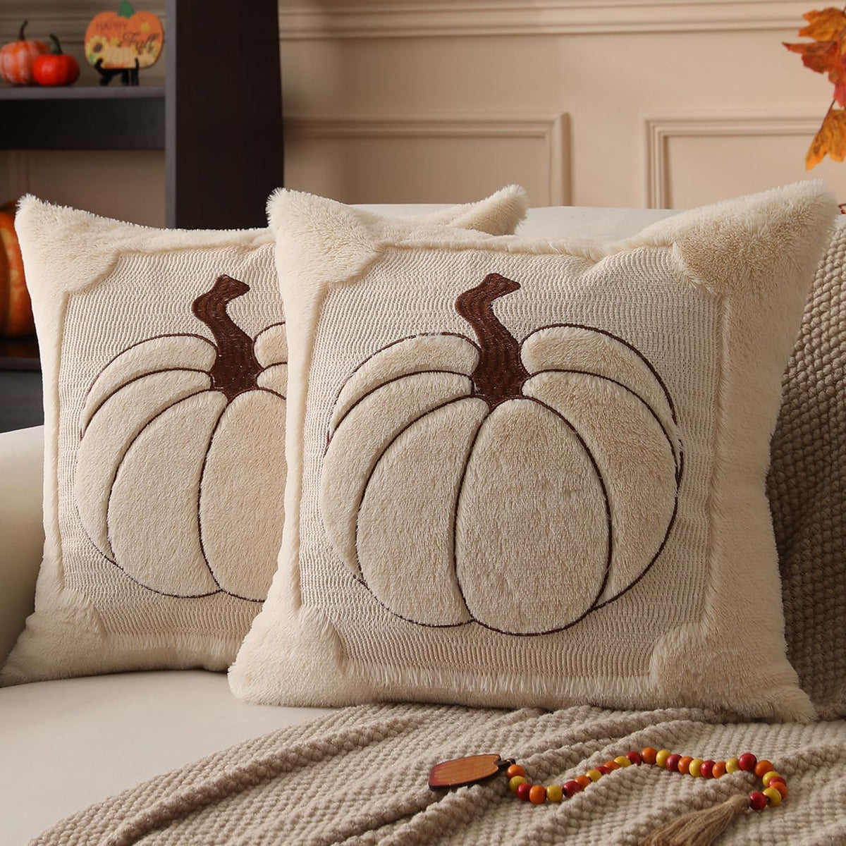 Allorry Fall Pillow Covers 18x18 2 Pack Beige Pumpkin Home Decor PT010A18