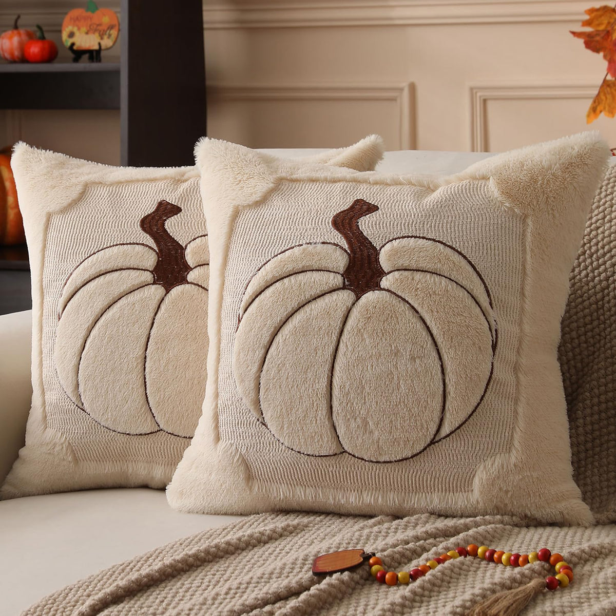 Allorry Fall Pillow Covers 18x18 2 Pack Beige Pumpkin Home Decor PT010A18