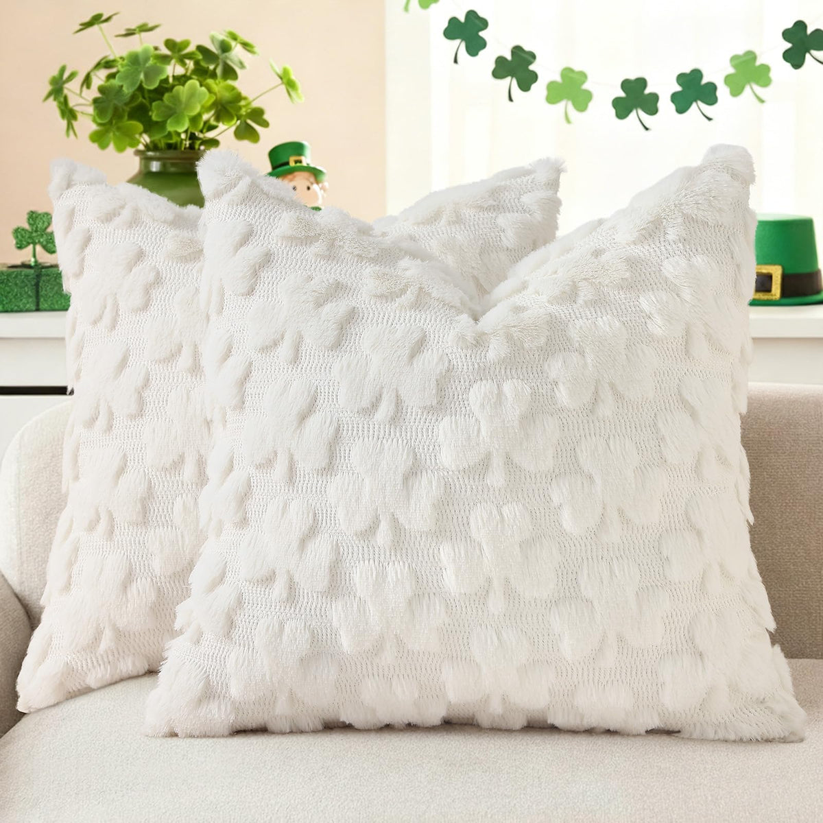 decorUhome Faux Fur Plush Soft Beige Throw Pillow Covers 18x18 Set of 2