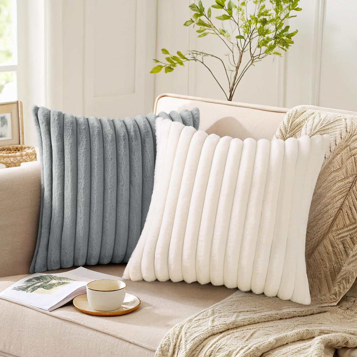 Pallene Faux Fur Decorative Throw Pillow Covers 18x18 Set of 2, Cream White