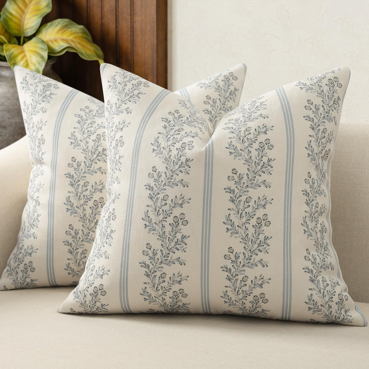 Vintage Throw Pillow Covers 18x18 Set of 2, Striped Floral Pillow Cover Botanical Patterned Decorative Cushion Covers Modern Farmhouse Home Decor for Sofa Couch Bed Living Room, Light Brown