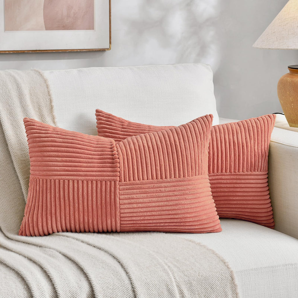 Fancy Homi 2 Packs Rust Boho Decorative Throw Pillow Covers 18x18 Inch for Couch Bed Sofa, Farmhouse Fall Home Decor, Soft Corss Corduroy Patchwork Textured Terracotta Accent Cushion Case 45x45 cm