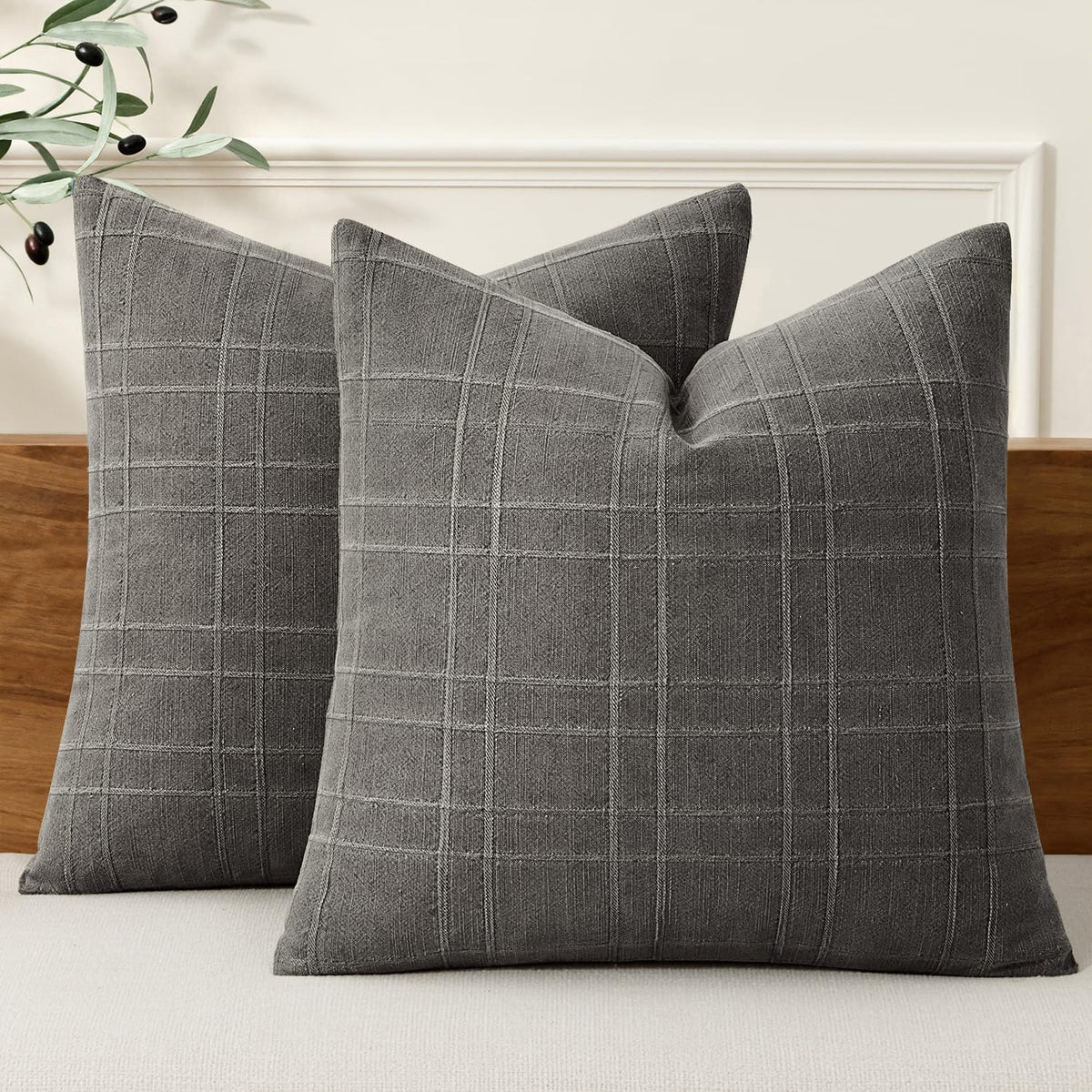 MIULEE Linen Plaid Pillow Covers Decorative 20x20 Natural Beige