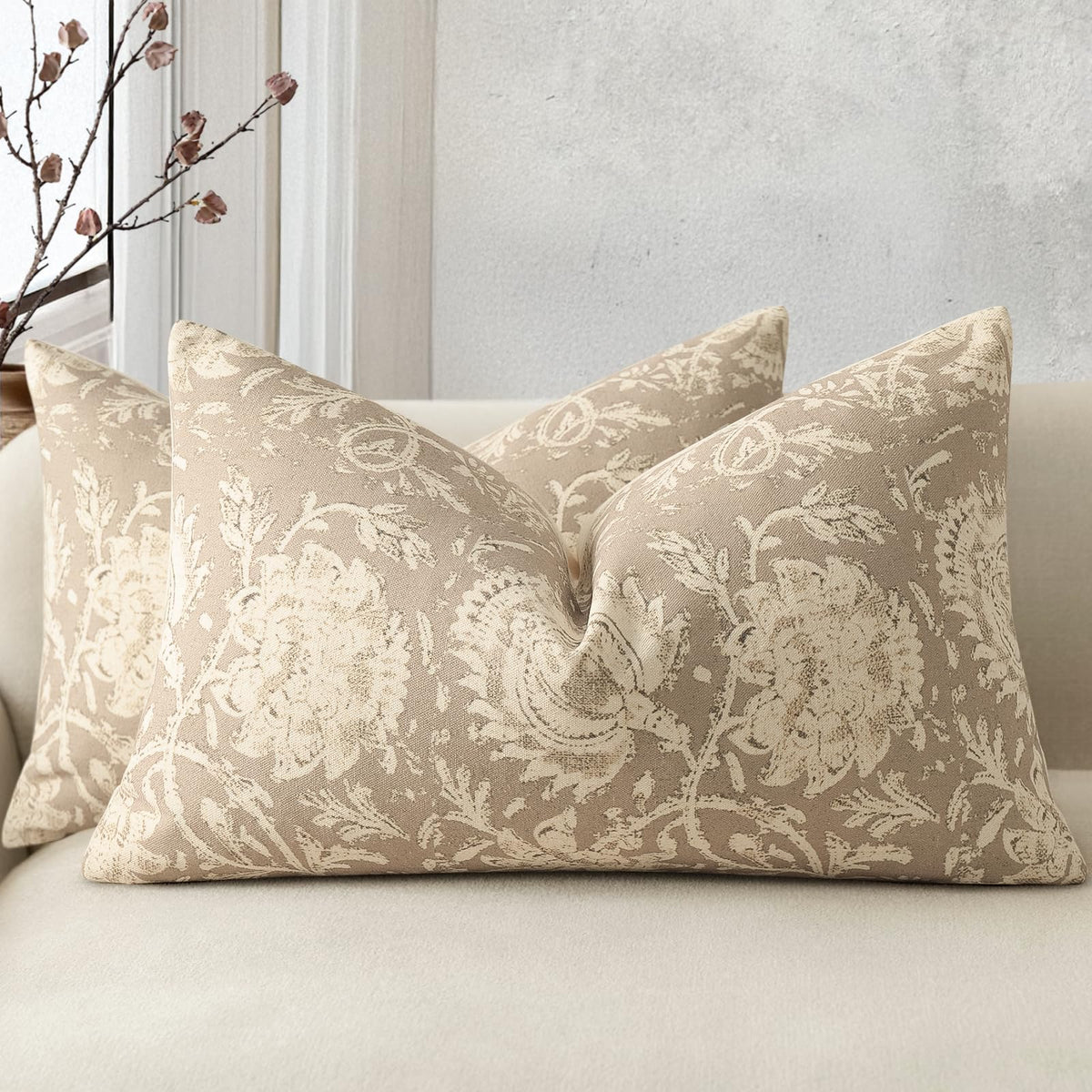 Vintage Floral Print Throw Pillow Covers 20x20 Set of 2 Neutral Modern Farmhouse Pillowcase Accent Decorative Cushion Covers Boho Home Decor for Couch Sofa Chair Bed Living Room, Olive Green
