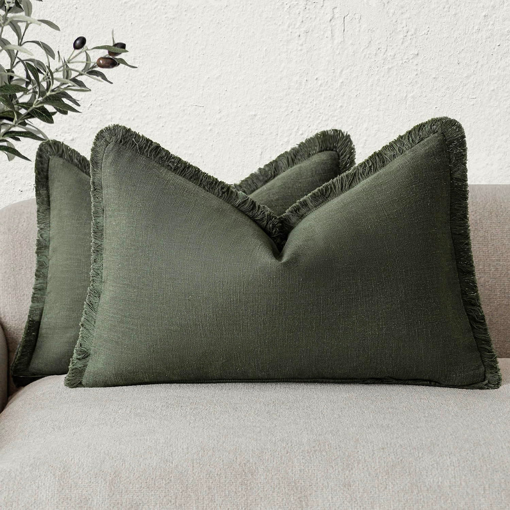 Foindtower Decorative Linen Fringe Throw Pillow Covers 18×18 Olive Green