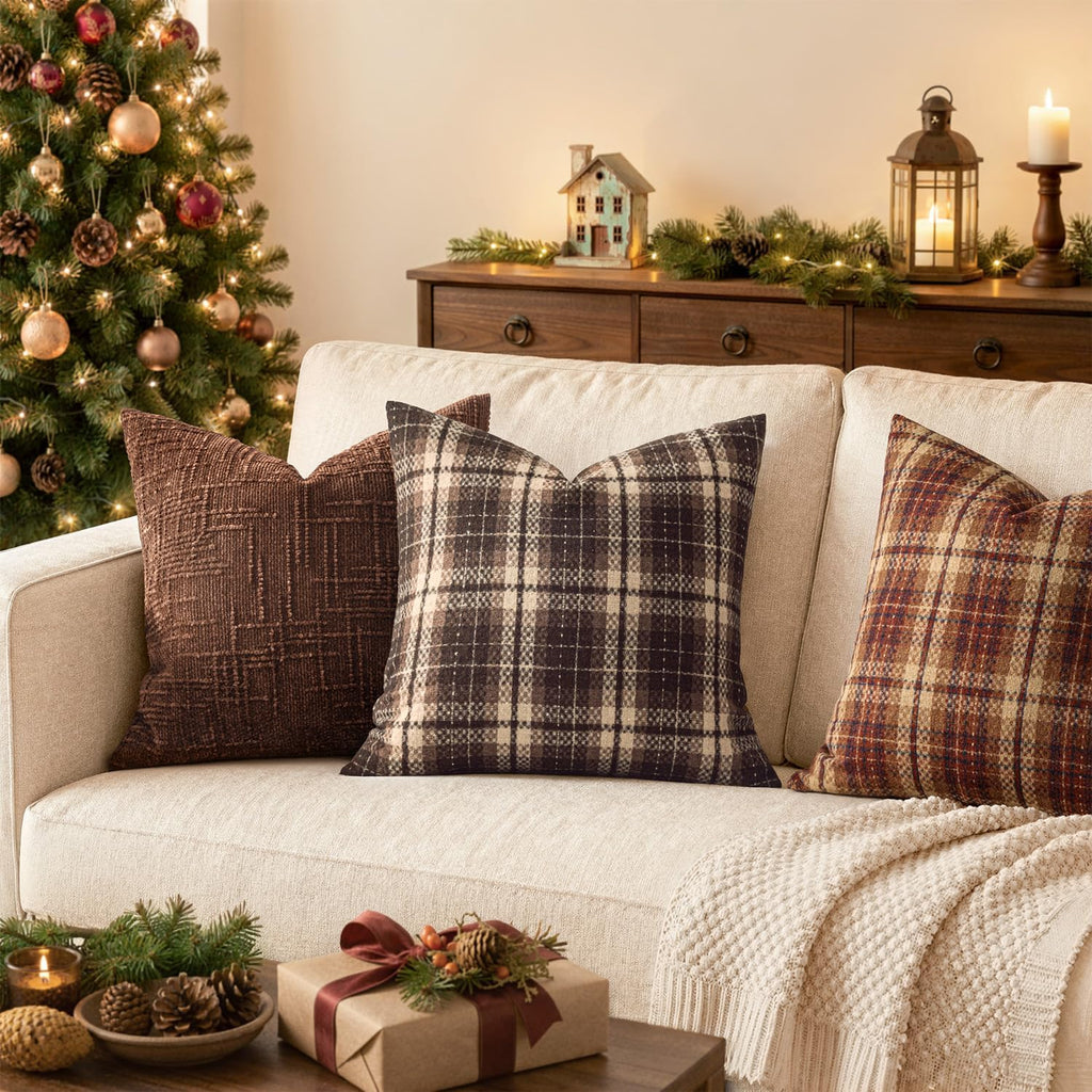 MIULEE Tartan Plaid Throw Pillow Covers Fall 18x18 Inch Coffee Brown