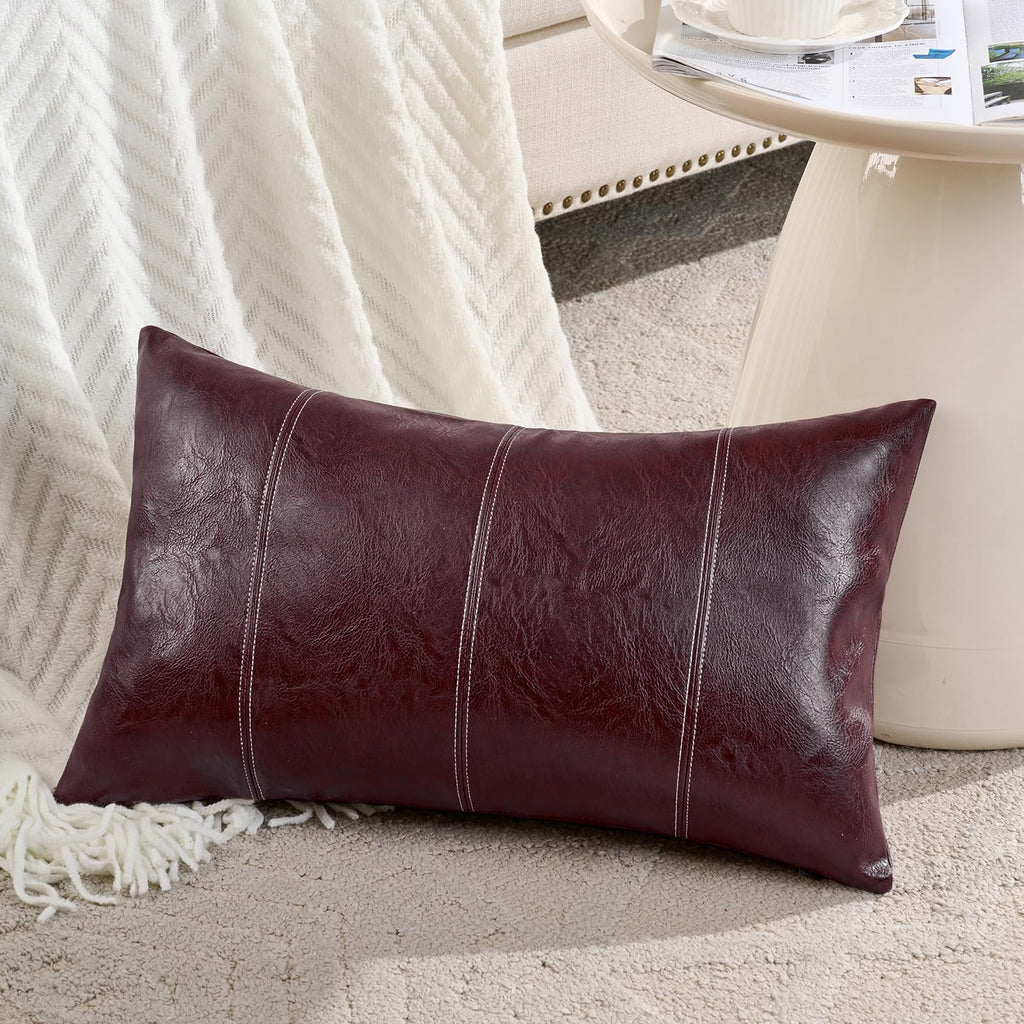 Fancy Homi Brown Boho Long Lumbar Faux Leather Body Decorative Throw Pillow Cover 14x36 Inch for Bedroom Couch Bed Sofa Bench, Hand Stitched Stylish Pillowcase, Rustic Modern Farmhouse Room Decor