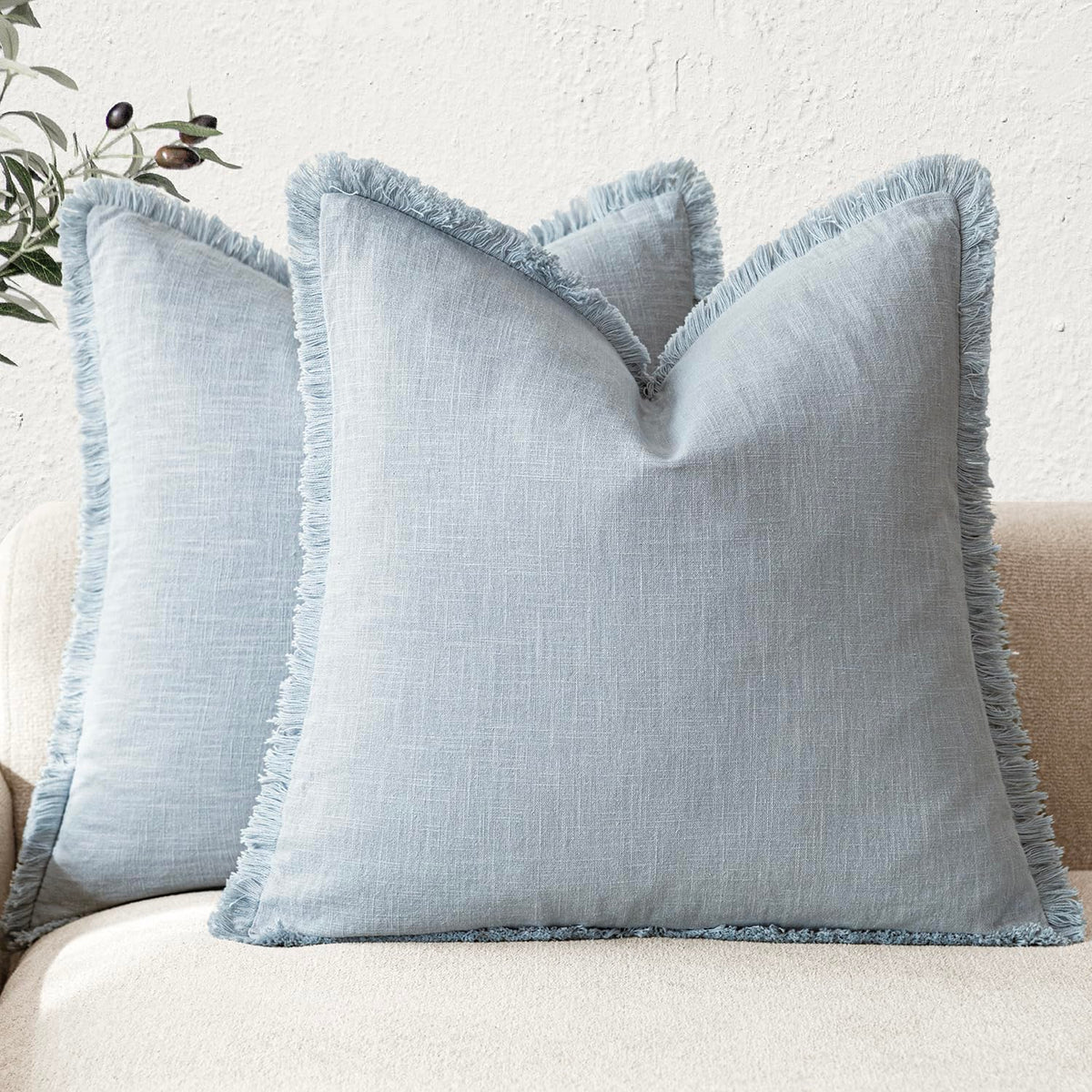 Foindtower Decorative Linen Fringe Throw Pillow Covers 18×18 Olive Green