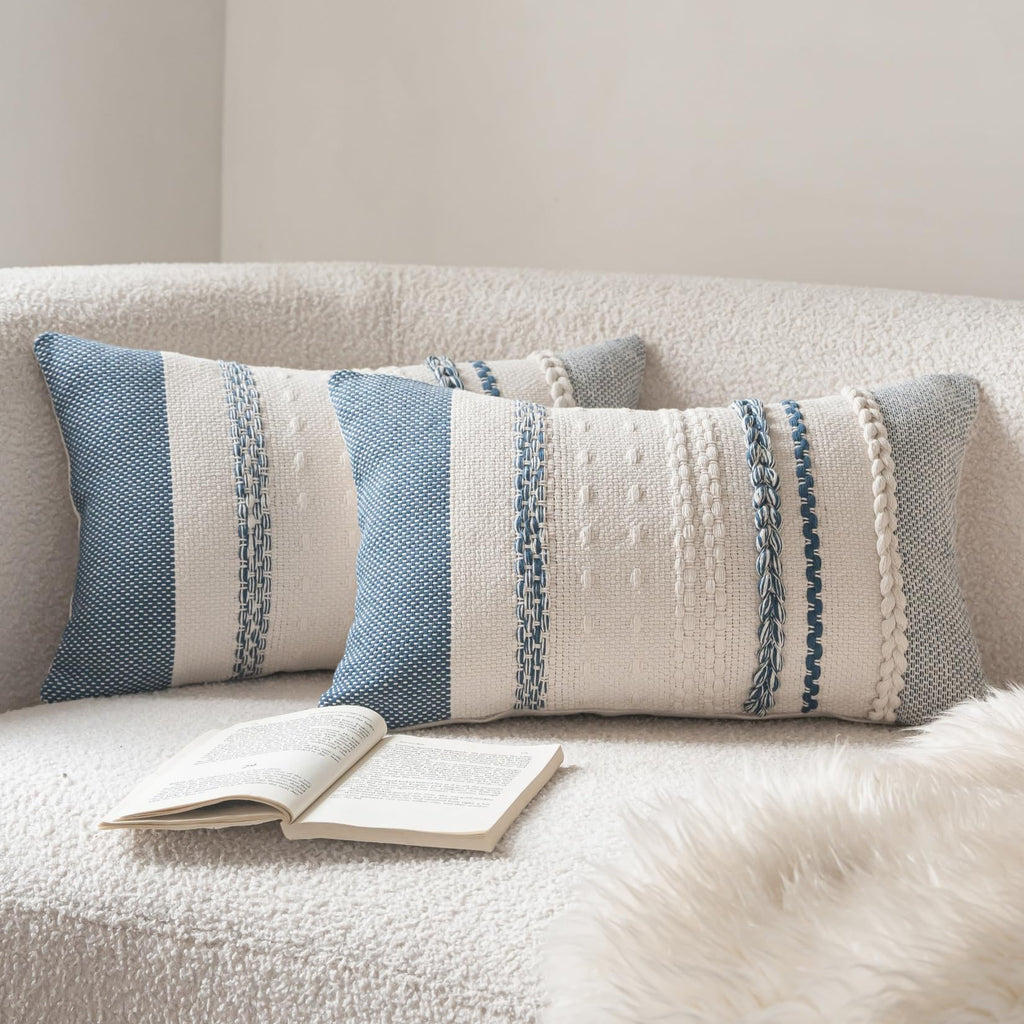 Cethom Boho Throw Pillow Covers 20x20 Inch Set of 2, Blue Textured Decorative Couch Pillow Cases for Farmhouse Home Decor, Accent Cushion Cover for Sofa, Bed, Living Room, Bedroom
