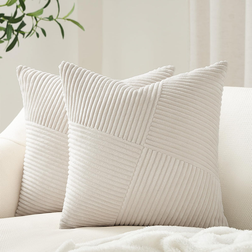 Topfinel Olive Green Decorative Throw Pillow Covers Set of 2 18x18 Inches for Couch Bed Sofa, Boho Aesthetic Home Decor, Soft Corduroy Striped Patchwork Windmill Textured Cushion Cases 45x45 cm