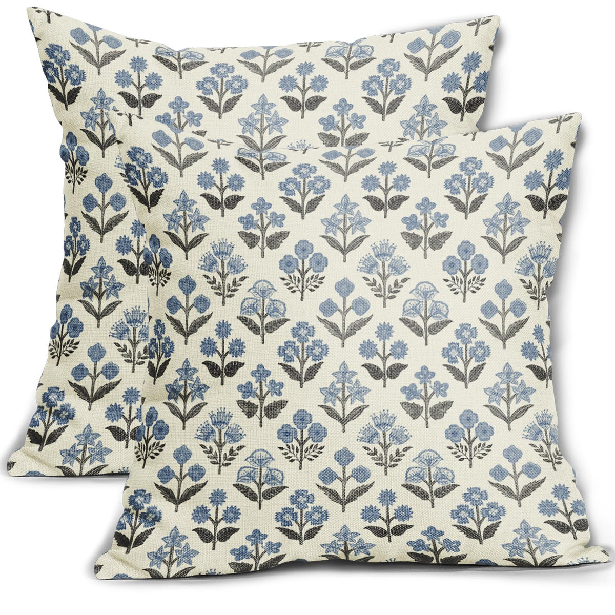 Blue Green Block Print Pillow Covers 18x18 Inch Set of 2, Vintage Floral Spring Decorative Throw Pillow Cases Boho Cushion Covers Rustic Decoration Gift Farmhouse Sofa Couch Bed Decor