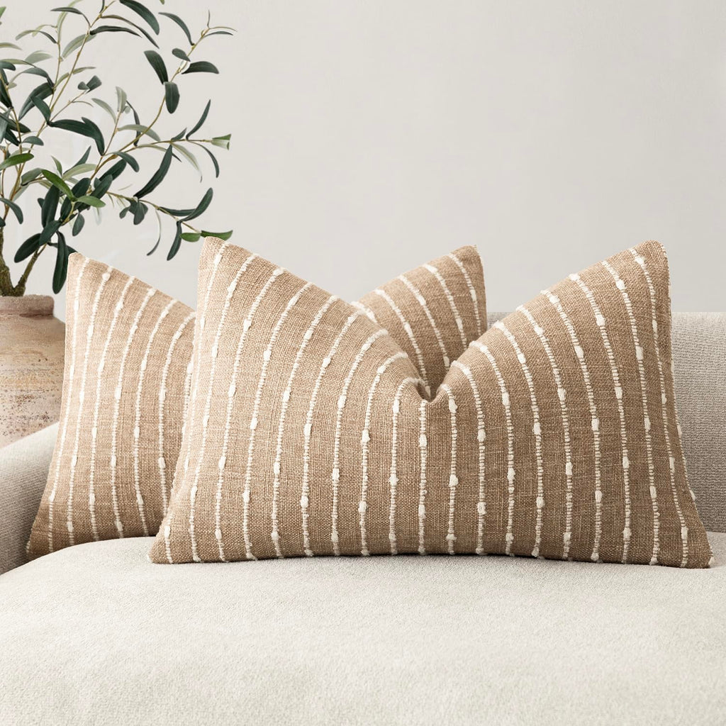 Foindtower Decorative Striped Boucle Throw Pillow Covers 20x20 Inch Camel