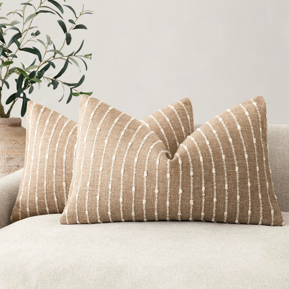 Foindtower Decorative Striped Boucle Throw Pillow Covers 20x20 Inch Camel