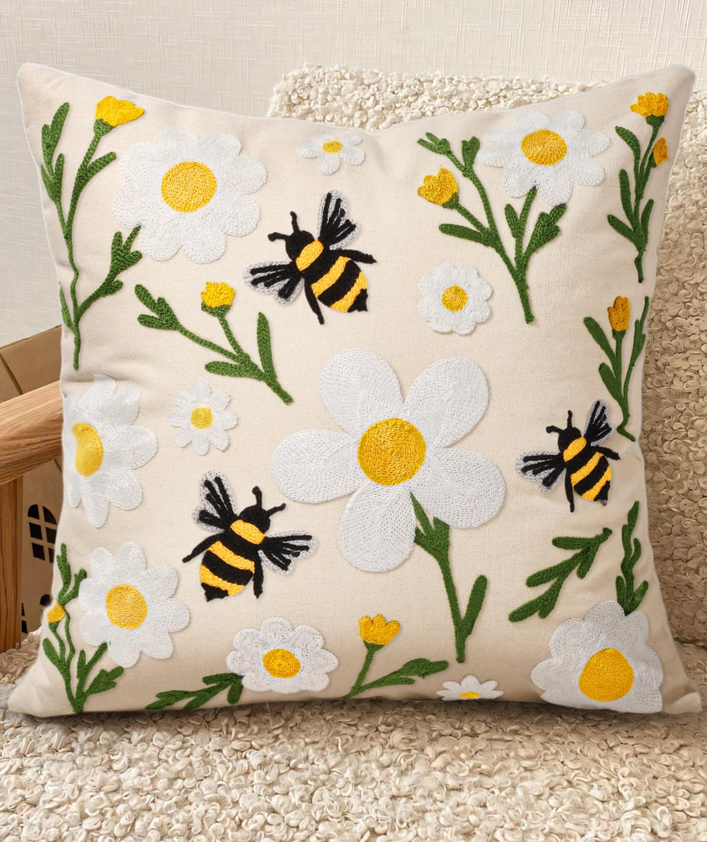 Embroidered Throw Pillow Cover 18x18 Inch, Flower Cluster