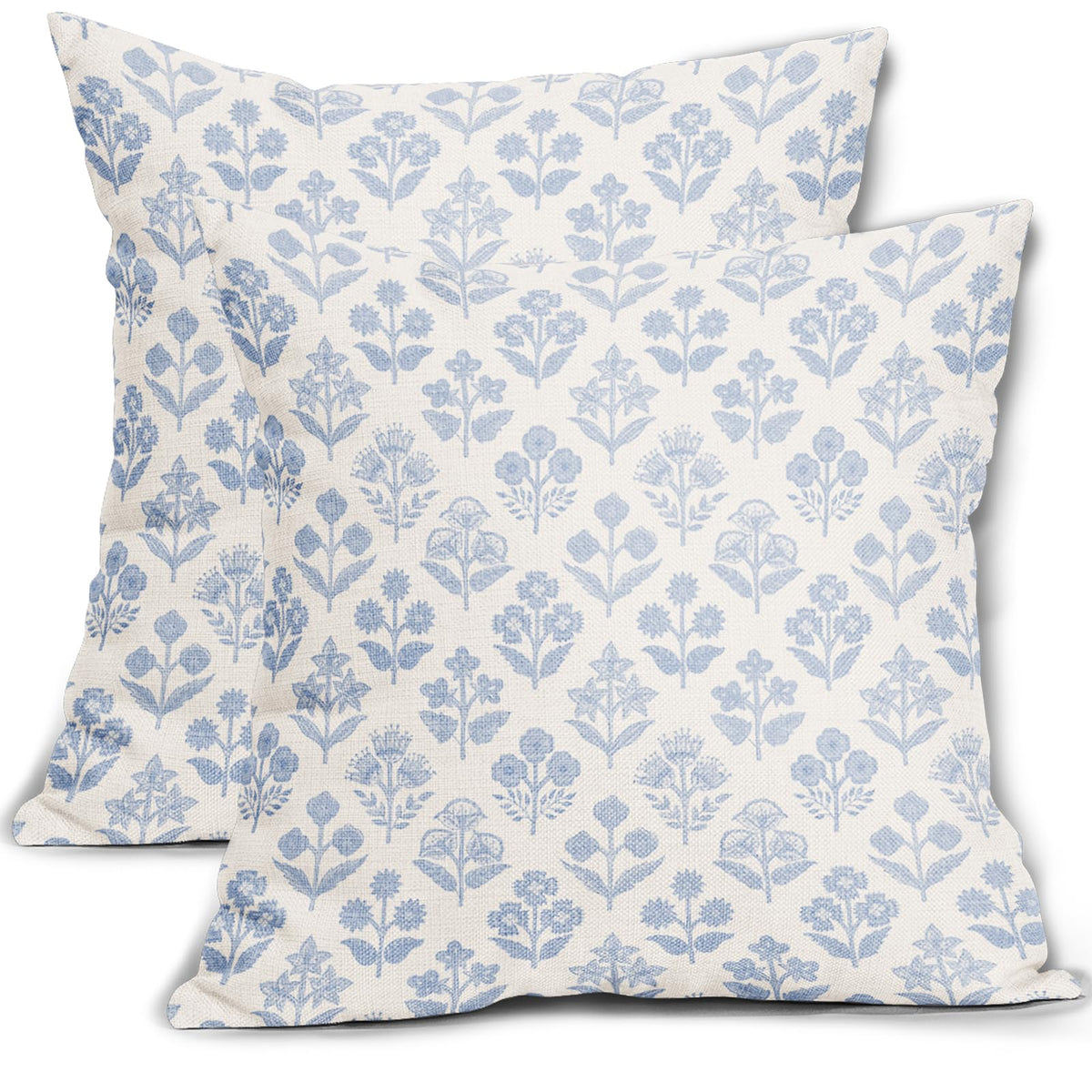 Blue Green Block Print Pillow Covers 18x18 Inch Set of 2, Vintage Floral Spring Decorative Throw Pillow Cases Boho Cushion Covers Rustic Decoration Gift Farmhouse Sofa Couch Bed Decor