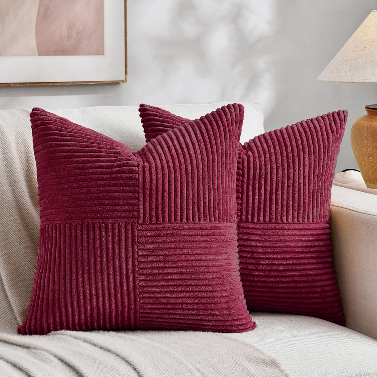 Fancy Homi 2 Packs Rust Boho Decorative Throw Pillow Covers 18x18 Inch for Couch Bed Sofa, Farmhouse Fall Home Decor, Soft Corss Corduroy Patchwork Textured Terracotta Accent Cushion Case 45x45 cm