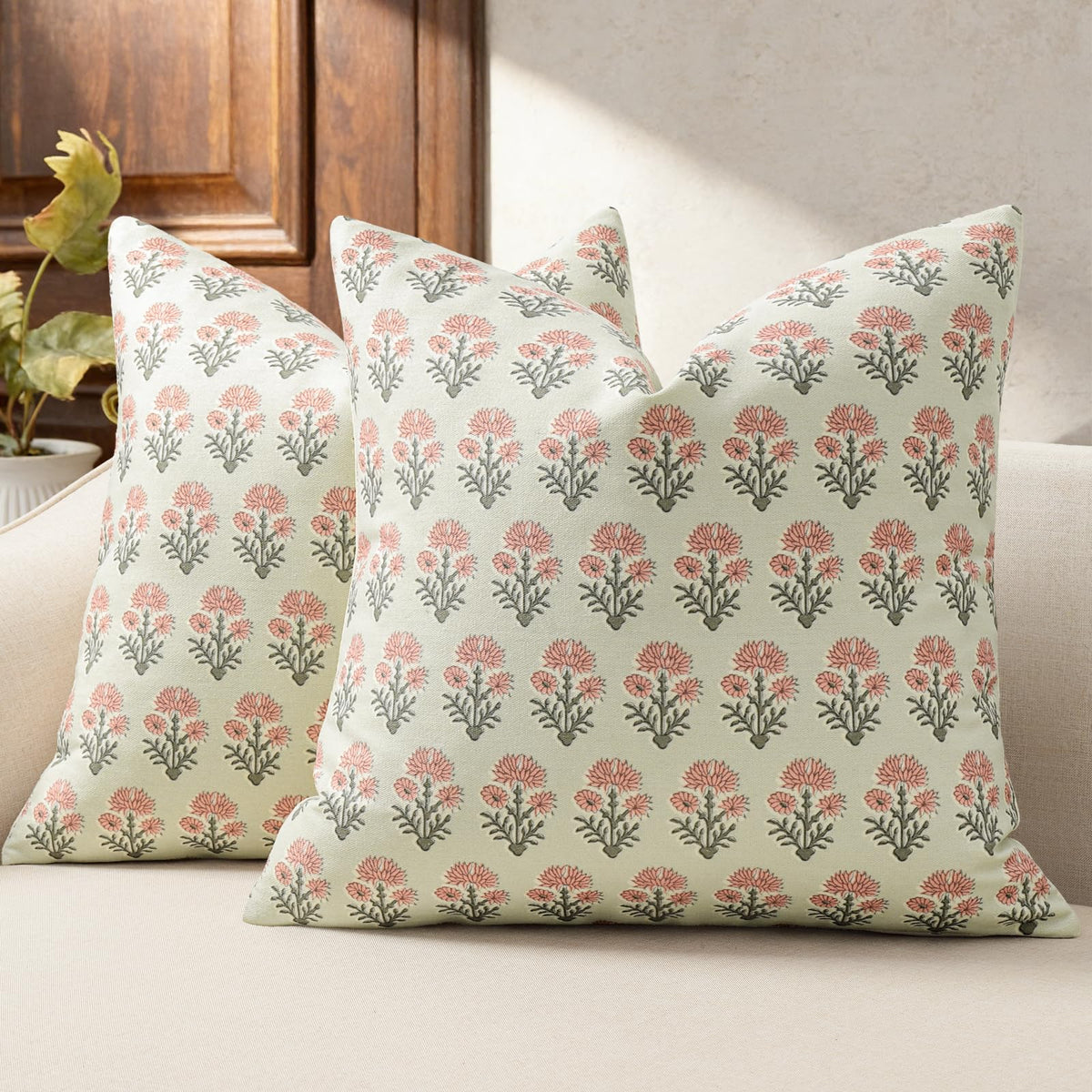 Farmhouse Floral Pillow Covers 18x18 Set of 2, Country Botanical Throw Pillow Cover for Sofa Couch Bed Living Room, Rustic Vintage Flower Cushion Covers Cottage Home Decor,Vintage Walnut