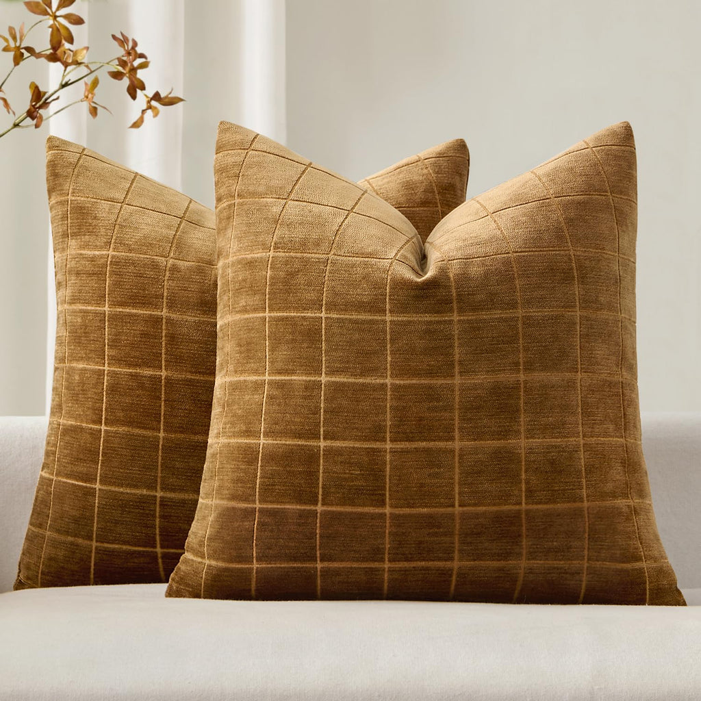 MIULEE Taupe Grey Plaid Decorative Fall Throw Pillow Covers 20x20 Set of 2