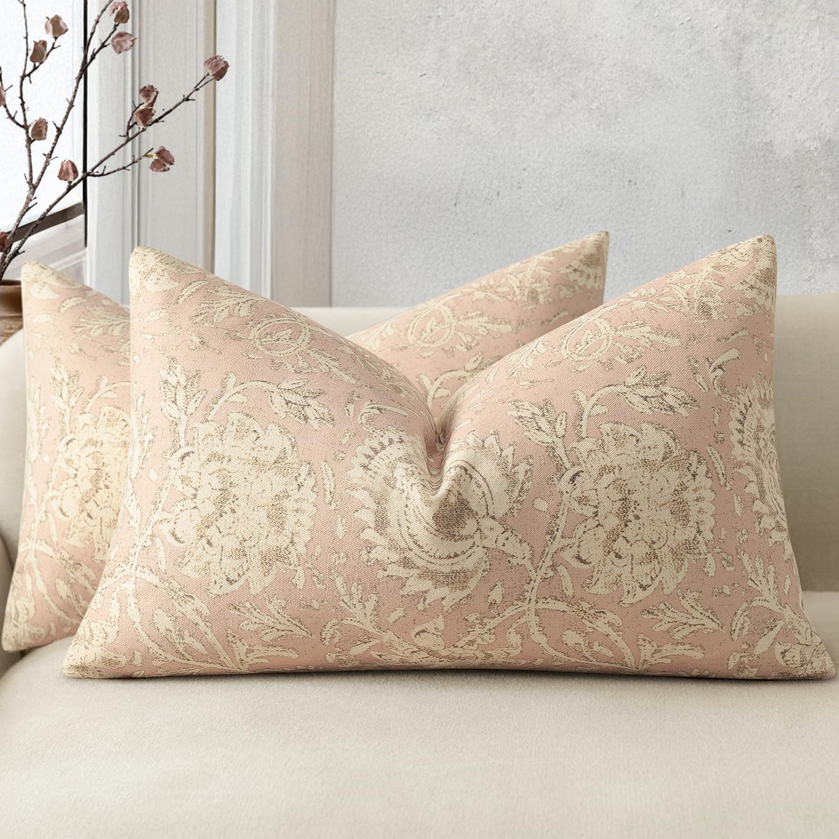 Vintage Floral Print Throw Pillow Covers 20x20 Set of 2 Neutral Modern Farmhouse Pillowcase Accent Decorative Cushion Covers Boho Home Decor for Couch Sofa Chair Bed Living Room, Olive Green