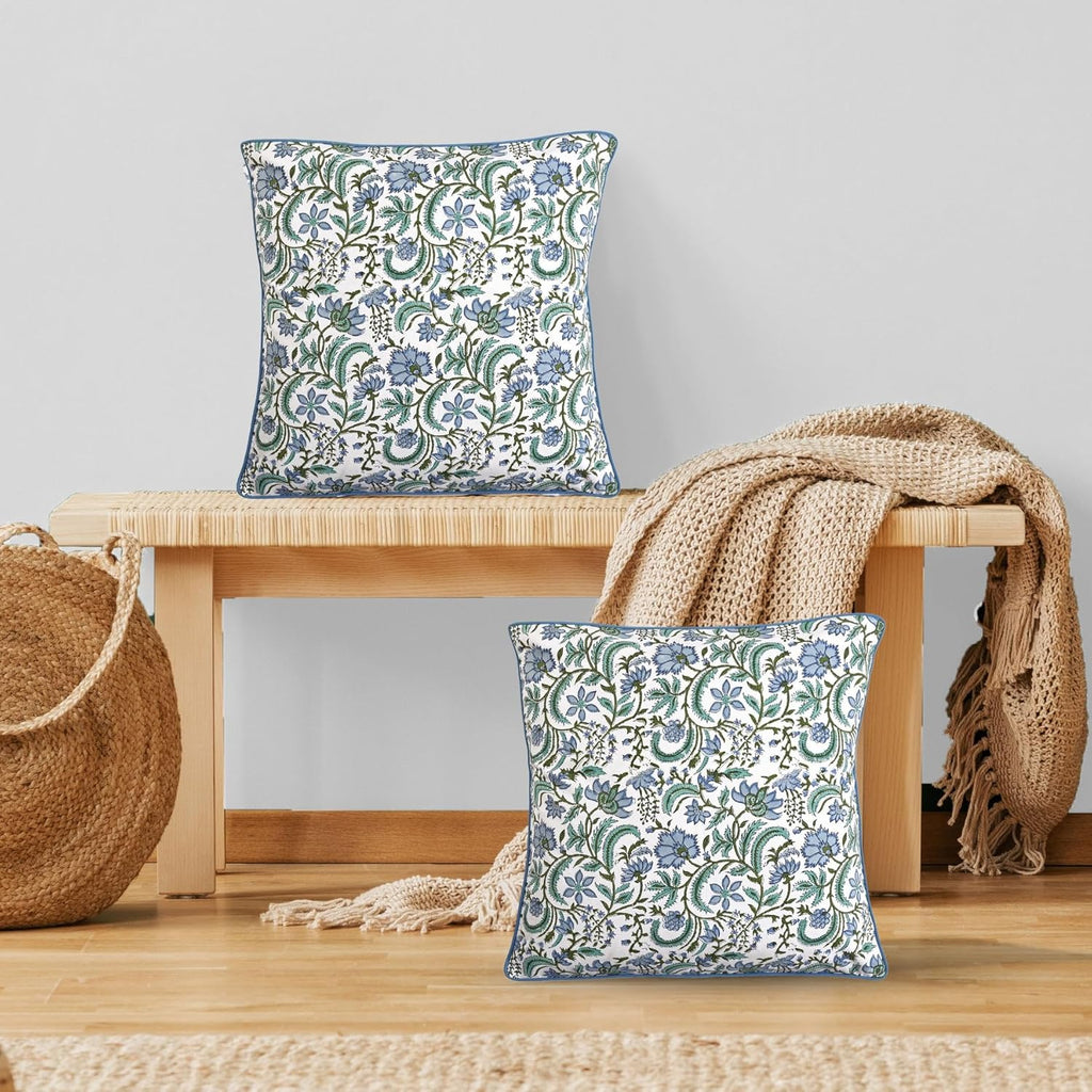Ridhi Block Print Columbia Blue Pillow Cover 18" x 18" (Pack of 2) Decorative Couch Pillows for Living Room, Chic Boho Cute Outdoor Pillows Covers Gifts for Spring, Easter and Valentine