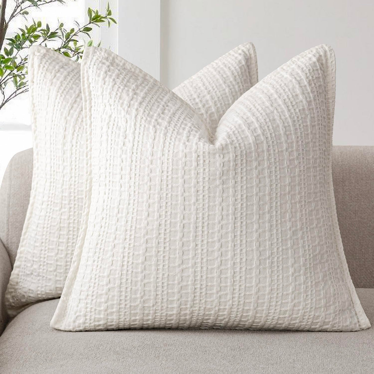 Foindtower Set of 2 Decorative Cotton Waffle Weave Textured Throw Pillow Covers Euro Sham Cushion Covers Accent European Pillowcase For Bed Couch Sofa Bedroom Living Room Home Decor 18×18 Inch Oatmeal