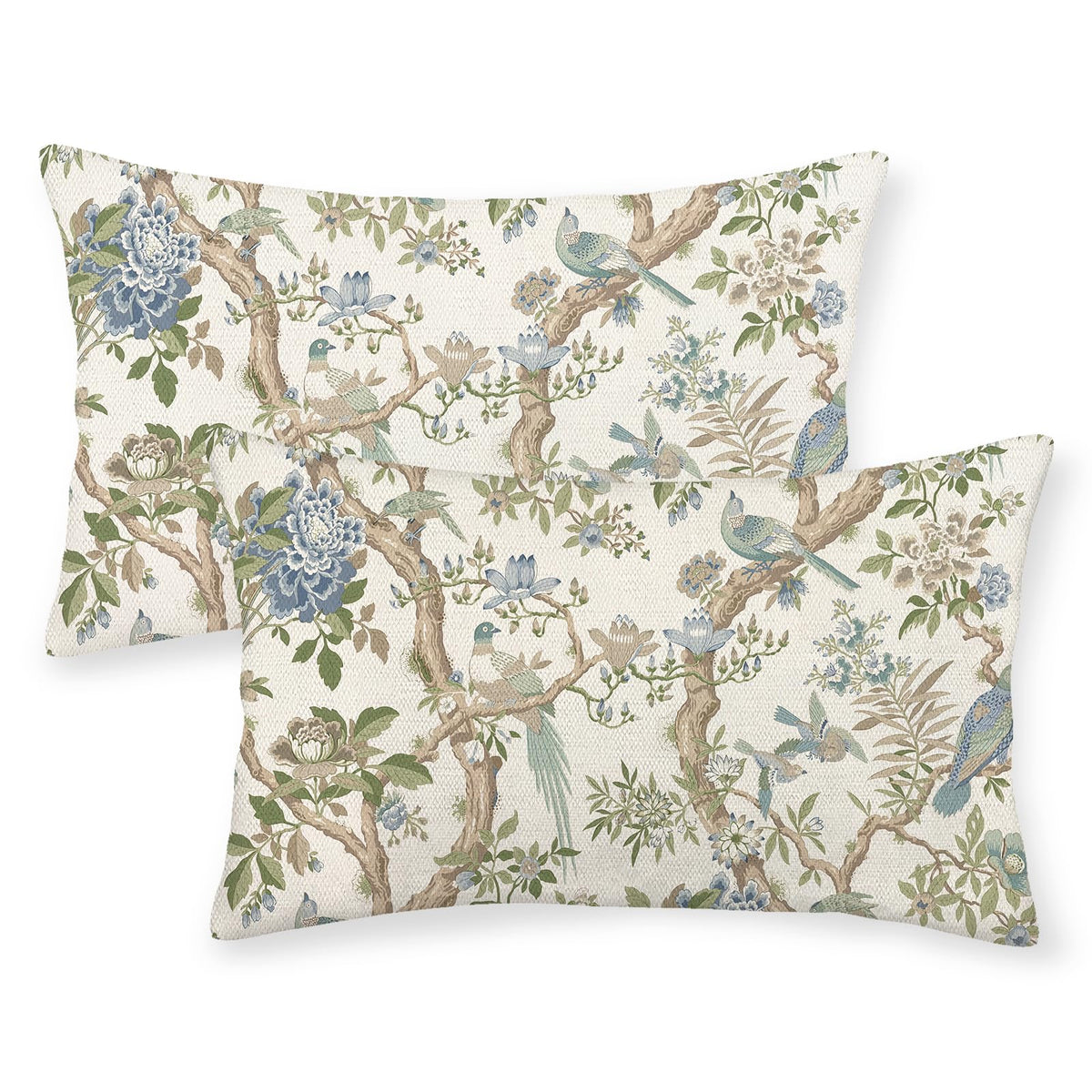 Chinoiserie Pillow Covers 18x18 Set of 2 Blue Green Bird Floral Throw Pillows Vintage Blue Flowers Decorations Outdoor Pillowcase Chinoiserie Decor Farmhouse Linen Cushion Case for Couch Home