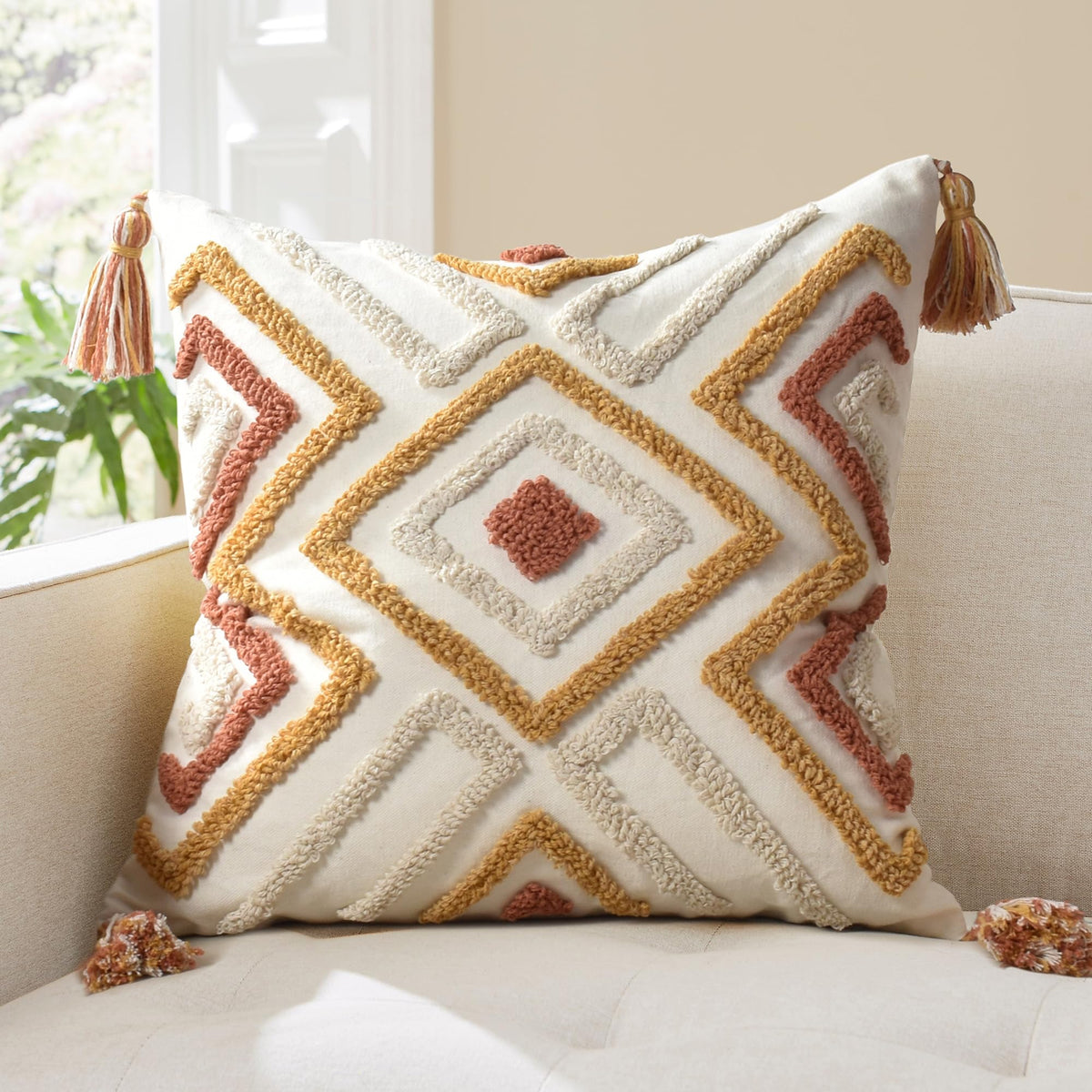 Boho Pillow Covers 18X18 Inch Boho Tufted Throw Pillow Covers Decorative Tassels Cushion Cover Farmhouse Pillow Case for Couch Sofa Bed Living Room Bedroom, Green