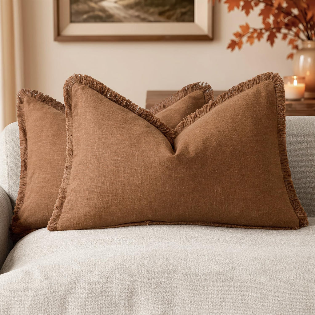 Foindtower Decorative Linen Fringe Throw Pillow Covers 18×18 Olive Green