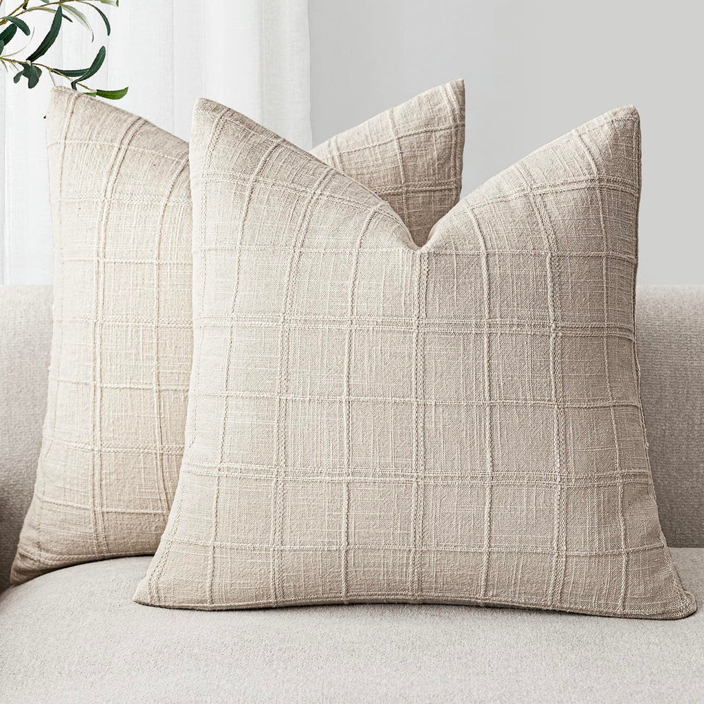 Foindtower Boho Linen Check Decorative Throw Pillow Cover 20×20 Olive Green