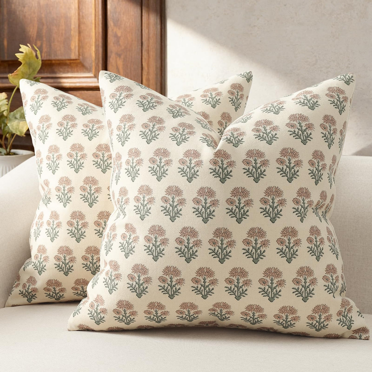 Farmhouse Floral Pillow Covers 18x18 Set of 2, Country Botanical Throw Pillow Cover for Sofa Couch Bed Living Room, Rustic Vintage Flower Cushion Covers Cottage Home Decor,Vintage Walnut
