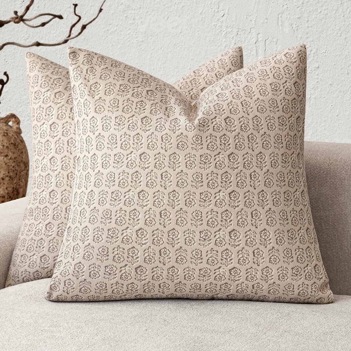 Foindtower Decorative Floral Print Throw Pillow Covers 20×20 Inch,Tan Taupe