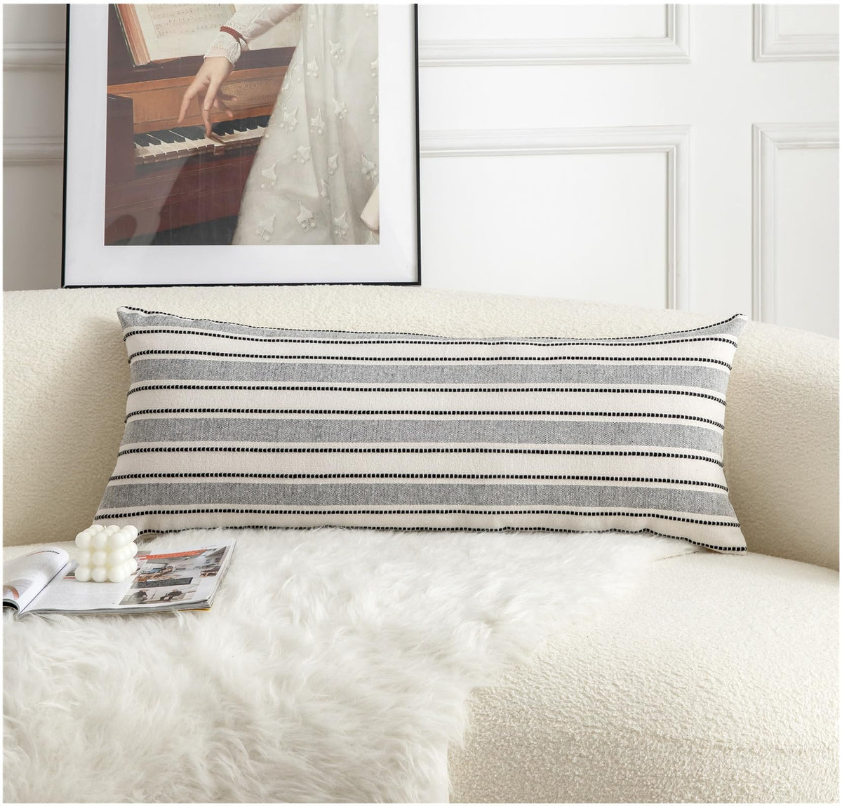 Cethom Decorative Boho Throw Pillow Covers, Farmhouse Textured Pillow Case, 20 x 20 Inch Set of 2, Chair Sofa Bedroom Living Room Home Decor Couch Cushion Case, Classic Blue and Beige Striped