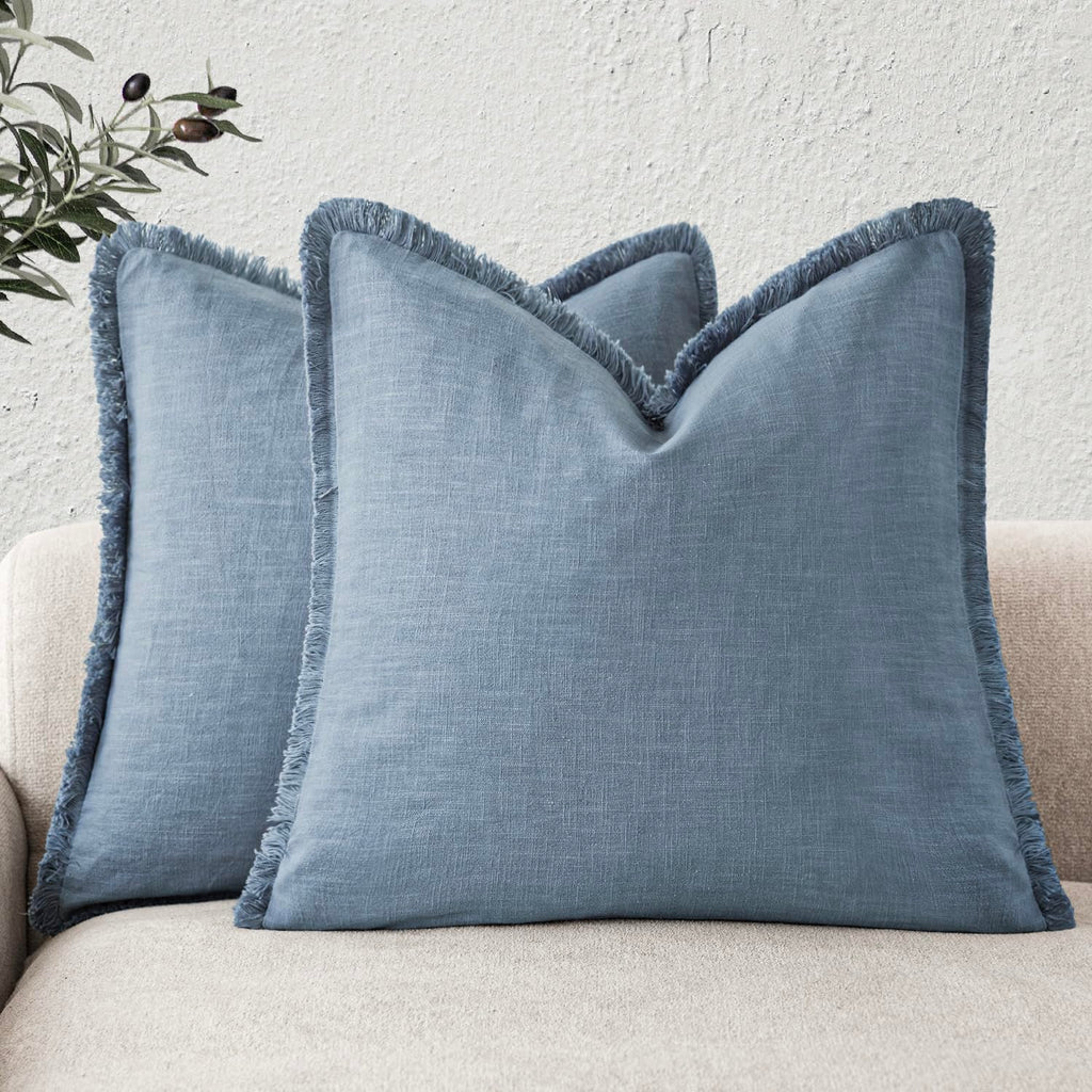 Foindtower Decorative Linen Fringe Throw Pillow Covers 20×20 Inch,Beige