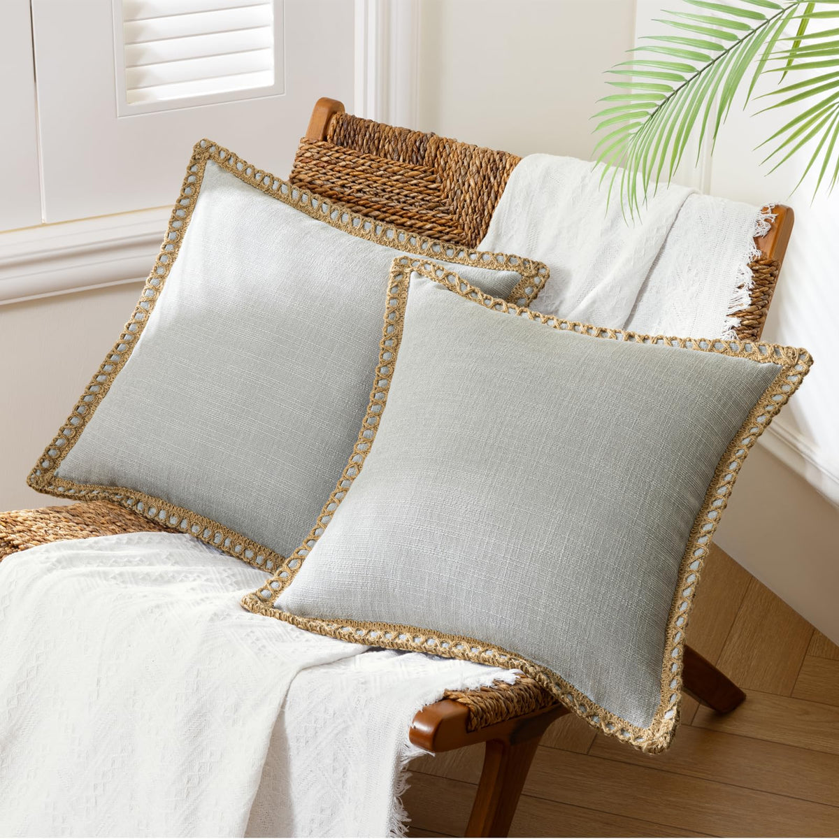 Phantoscope Pack of 2 Farmhouse Decorative Solid Throw Decorative Pillow Cover Burlap Linen Trimmed Tailored Edges Navy Blue 18 x 18 inches, 45 x 45 cm