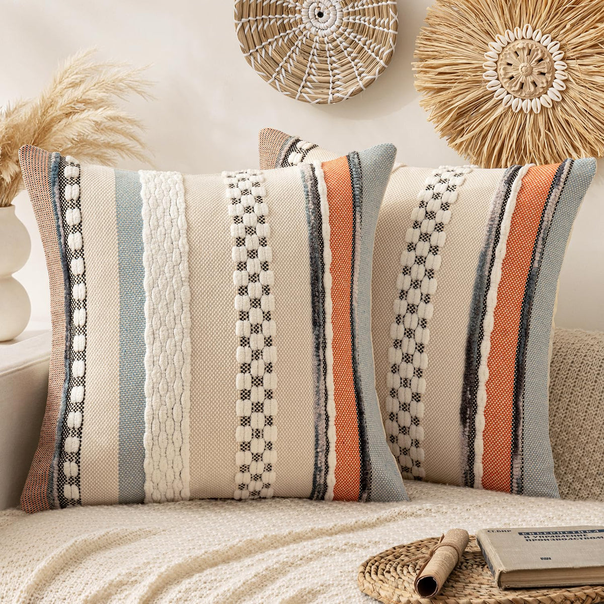 ANRODUO Boho Decorative Pillow Covers Olive Green Stripe 18x18 Pack of 2