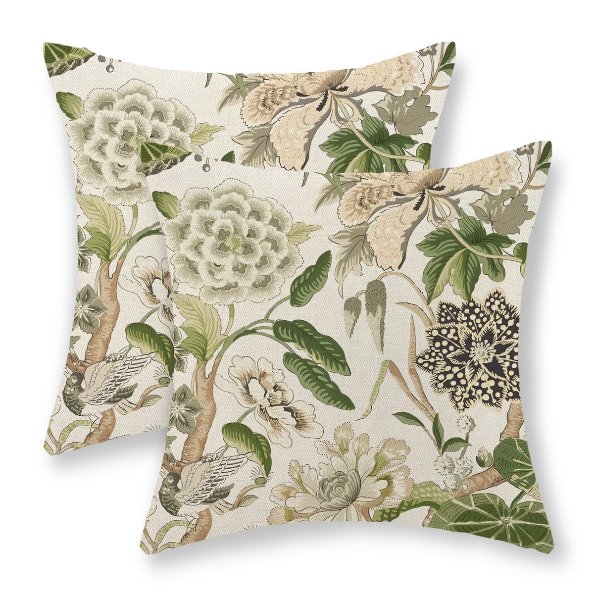 Chinoiserie Pillow Covers 18x18 Set of 2 Blue Green Bird Floral Throw Pillows Vintage Blue Flowers Decorations Outdoor Pillowcase Chinoiserie Decor Farmhouse Linen Cushion Case for Couch Home