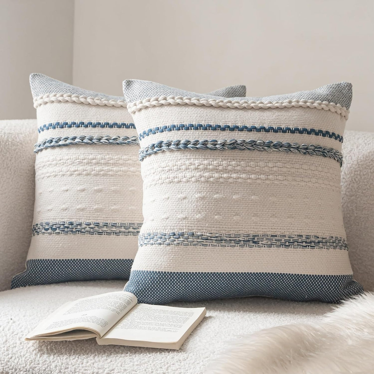 Cethom Boho Throw Pillow Covers 20x20 Inch Set of 2, Blue Textured Decorative Couch Pillow Cases for Farmhouse Home Decor, Accent Cushion Cover for Sofa, Bed, Living Room, Bedroom