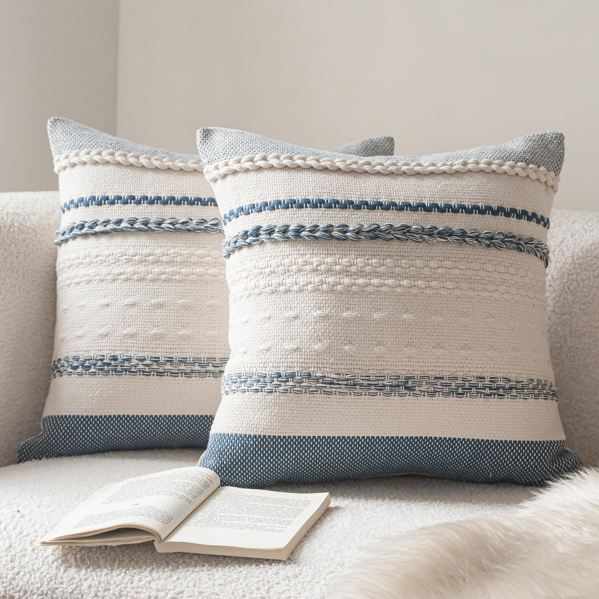 Cethom Boho Throw Pillow Covers 18x18 Inch Set of 2, Blue Textured Decorative Couch Pillow Cases for Farmhouse Home Decor, Accent Cushion Cover for Sofa, Bed, Living Room, Bedroom