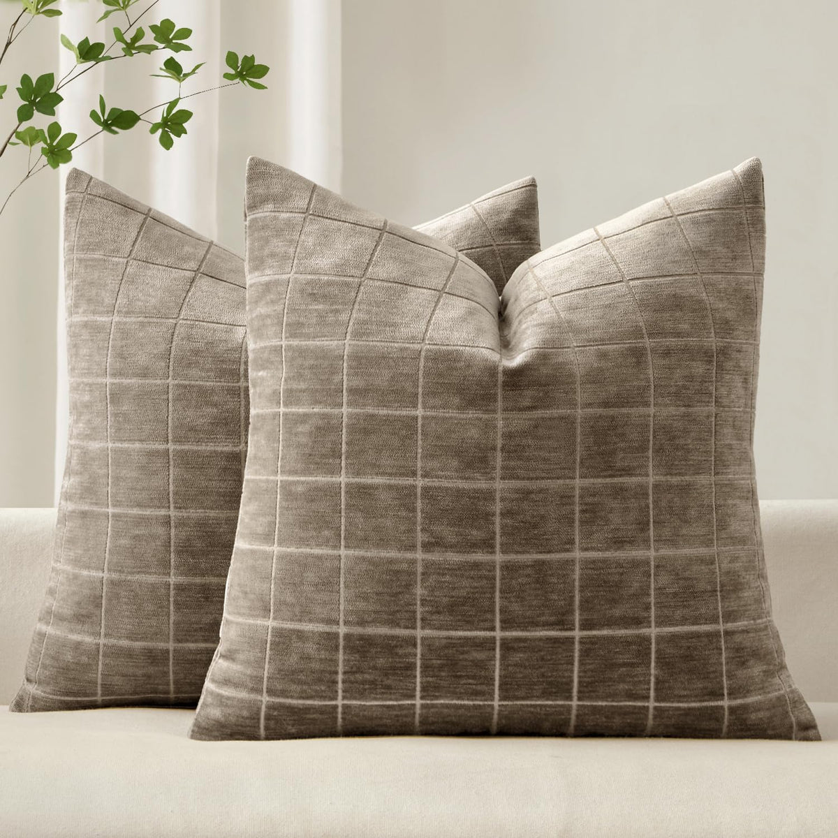 MIULEE Taupe Grey Plaid Decorative Fall Throw Pillow Covers 20x20 Set of 2