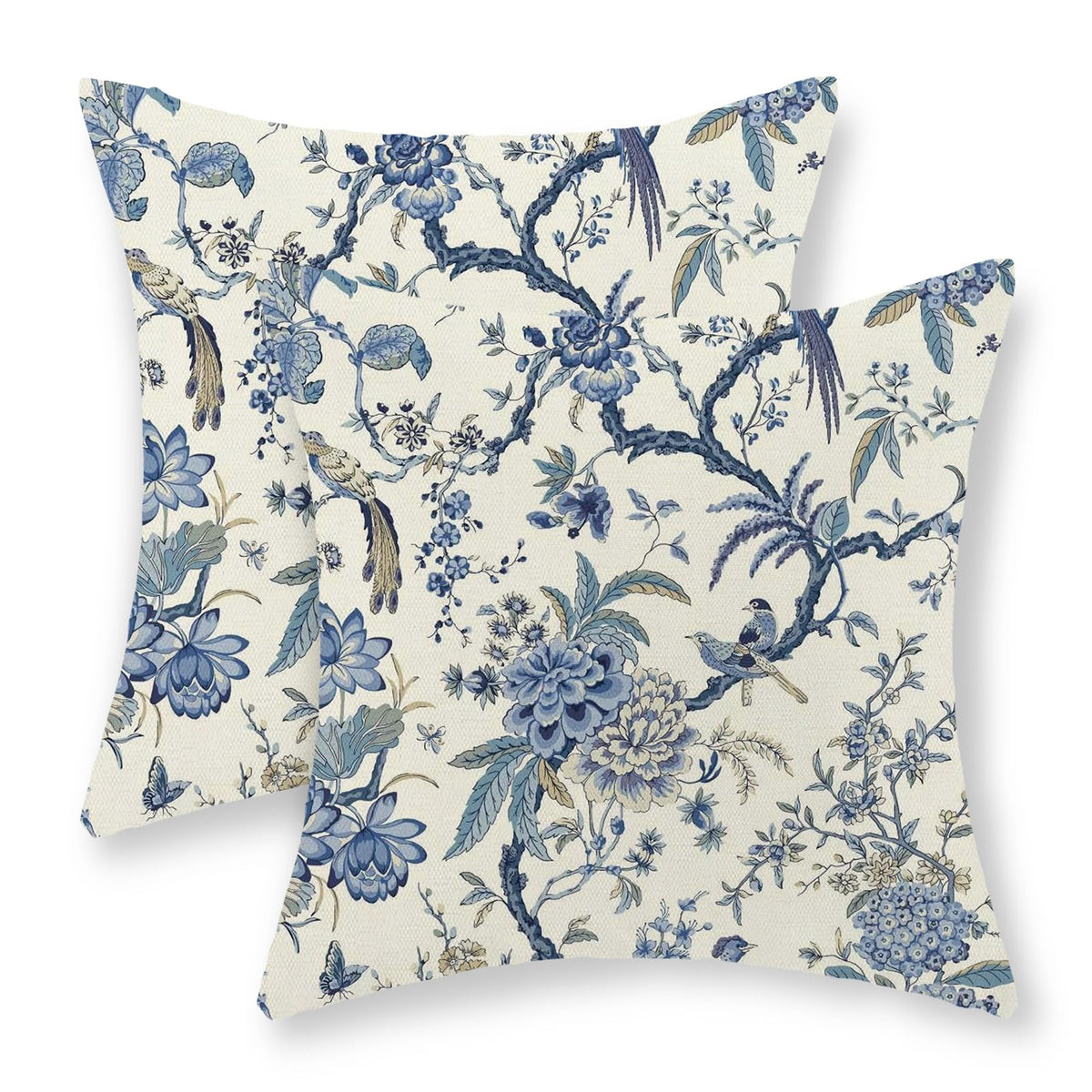 Chinoiserie Pillow Covers 18x18 Set of 2 Blue Green Bird Floral Throw Pillows Vintage Blue Flowers Decorations Outdoor Pillowcase Chinoiserie Decor Farmhouse Linen Cushion Case for Couch Home
