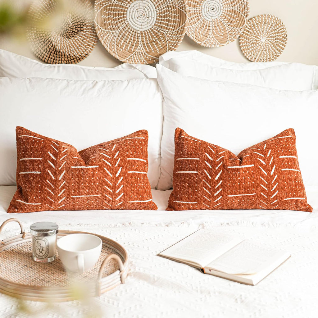 BlissBlush Decorative Lumbar Throw Pillow Covers 12X20 Set of 2, Brick Red Rust Boho Farmhouse Cushion Cover, Soft Accent Pillowcase for Couch Sofa Bed Living Room Home Décor