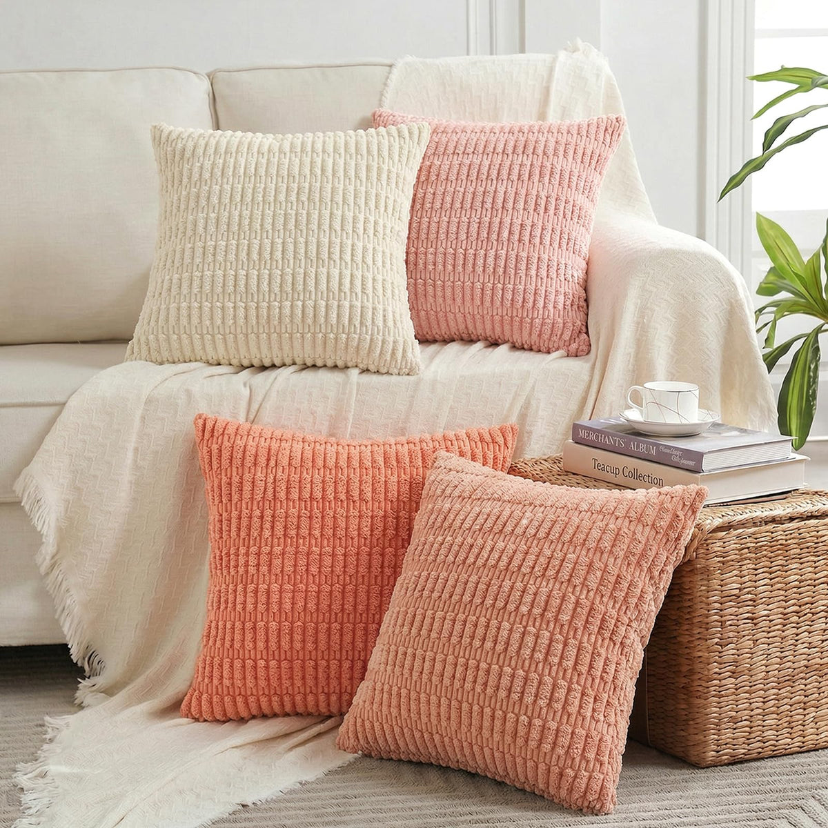 Fancy Homi 4 Packs Decorative Throw Pillow Covers for Living Room Couch Bed, Modern Farmhouse Boho Home Décor Accent Cushion Case, 18" x 18", Neutral